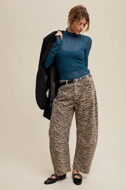 Zebra Print Barrel Jeans - Mocha