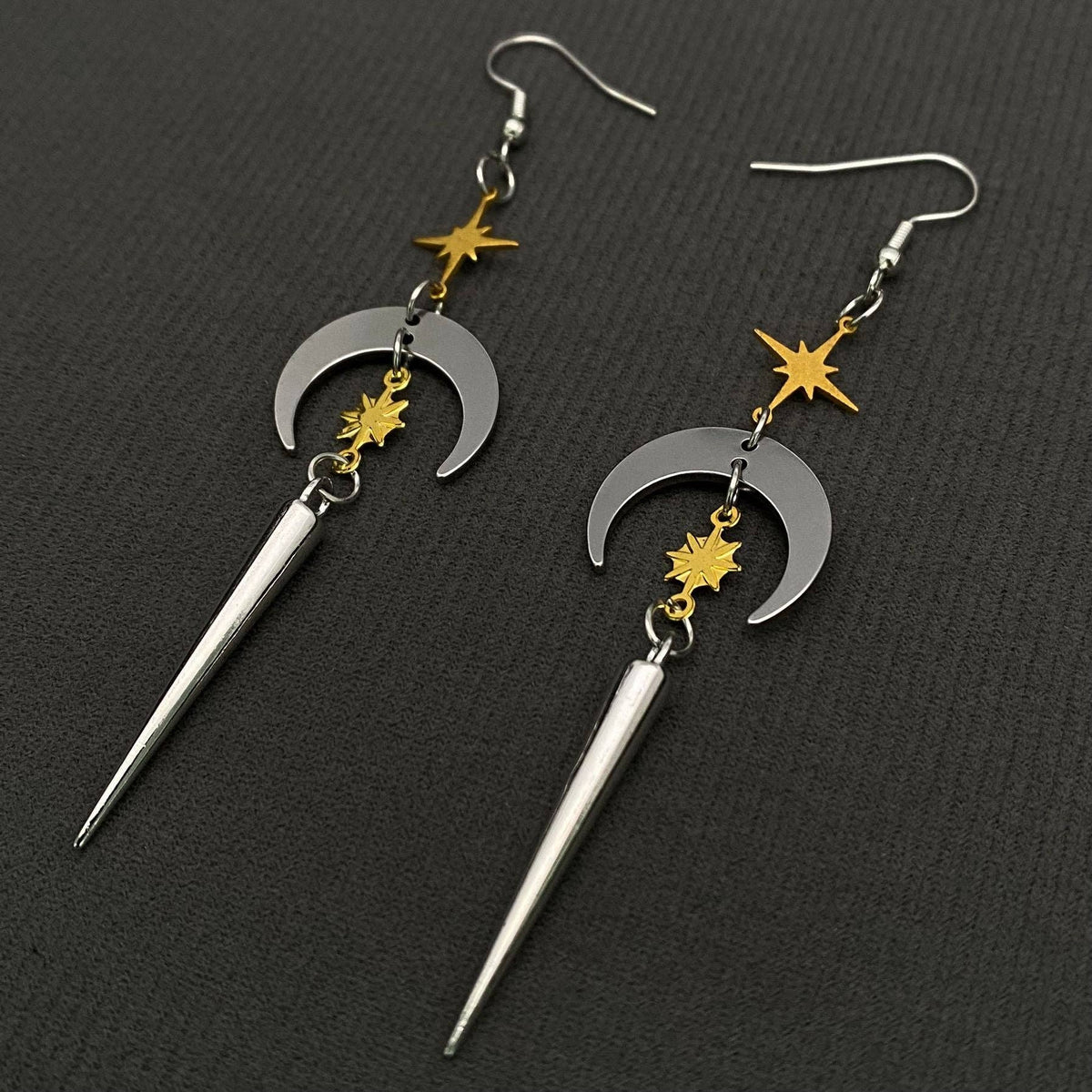 Two Tone Cone & Star & Moon Dangle Earrings - MS