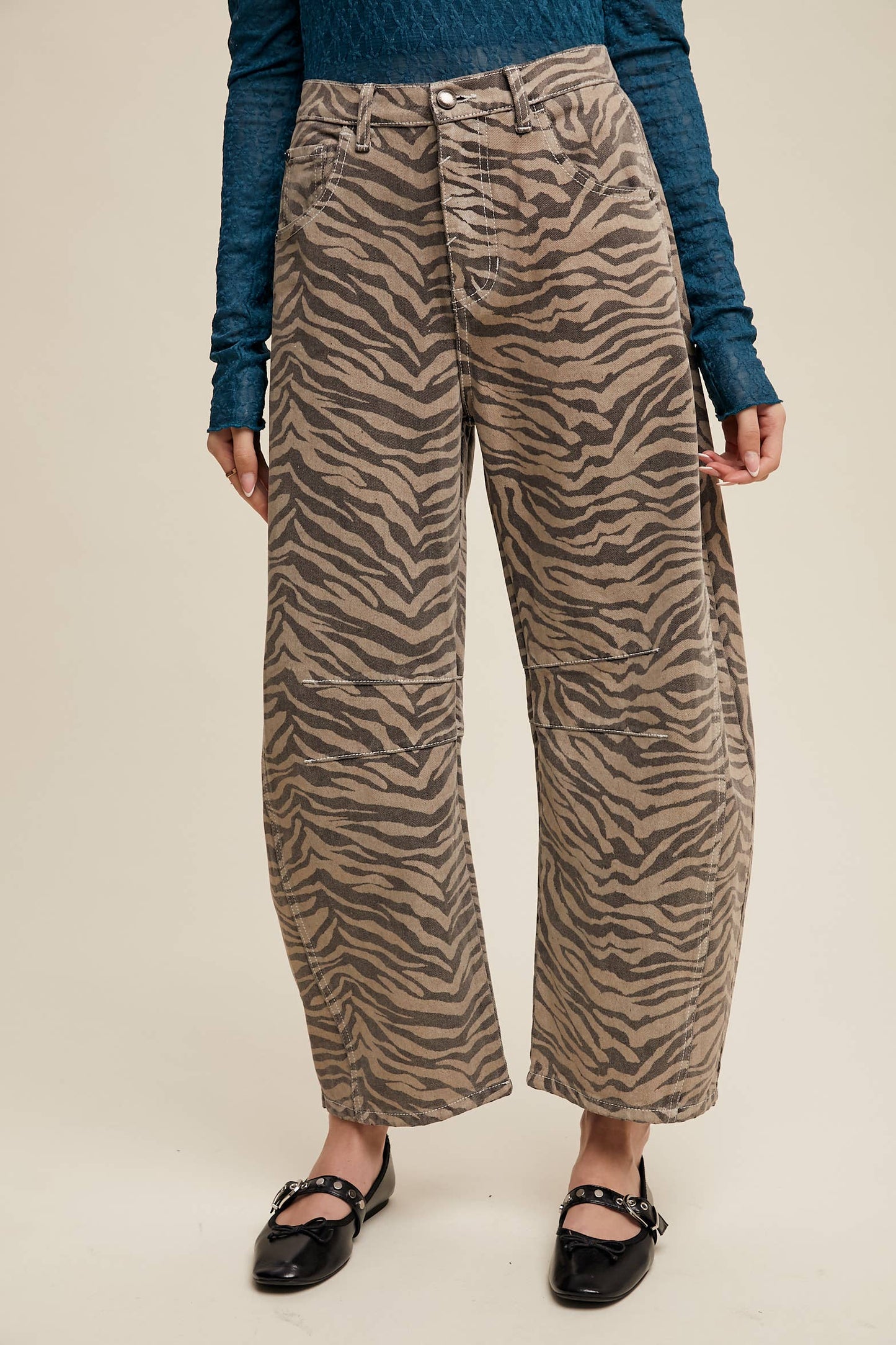 Zebra Print Barrel Jeans - Mocha