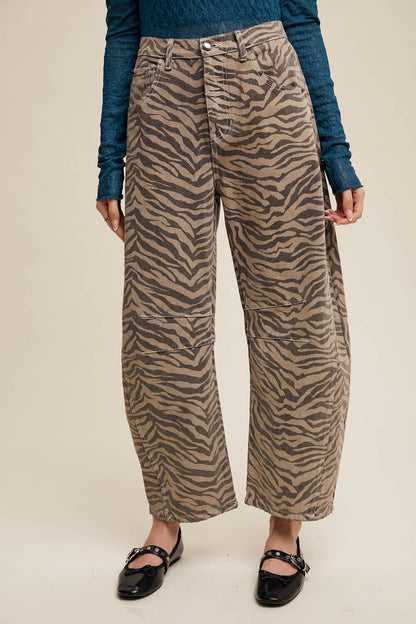 Zebra Print Barrel Jeans - Mocha