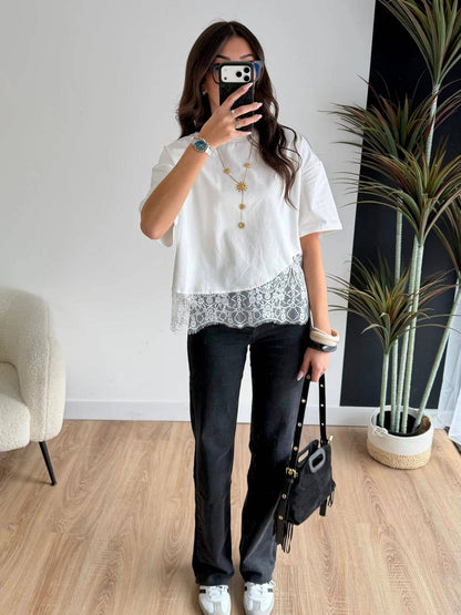 Lace Trim Relaxed Fit Crew Neck Top
