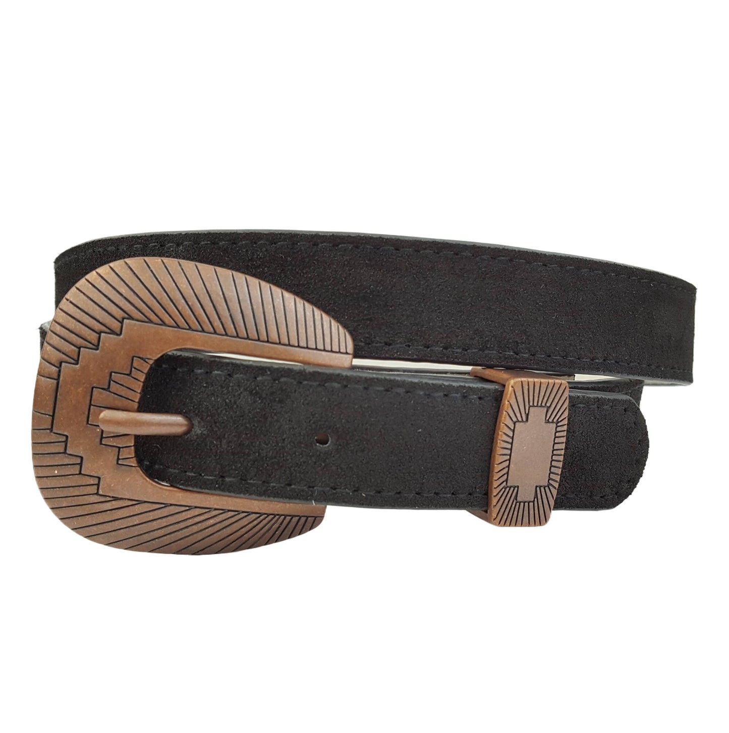 Genuine Suede Belt with Copper Buckle set - Black