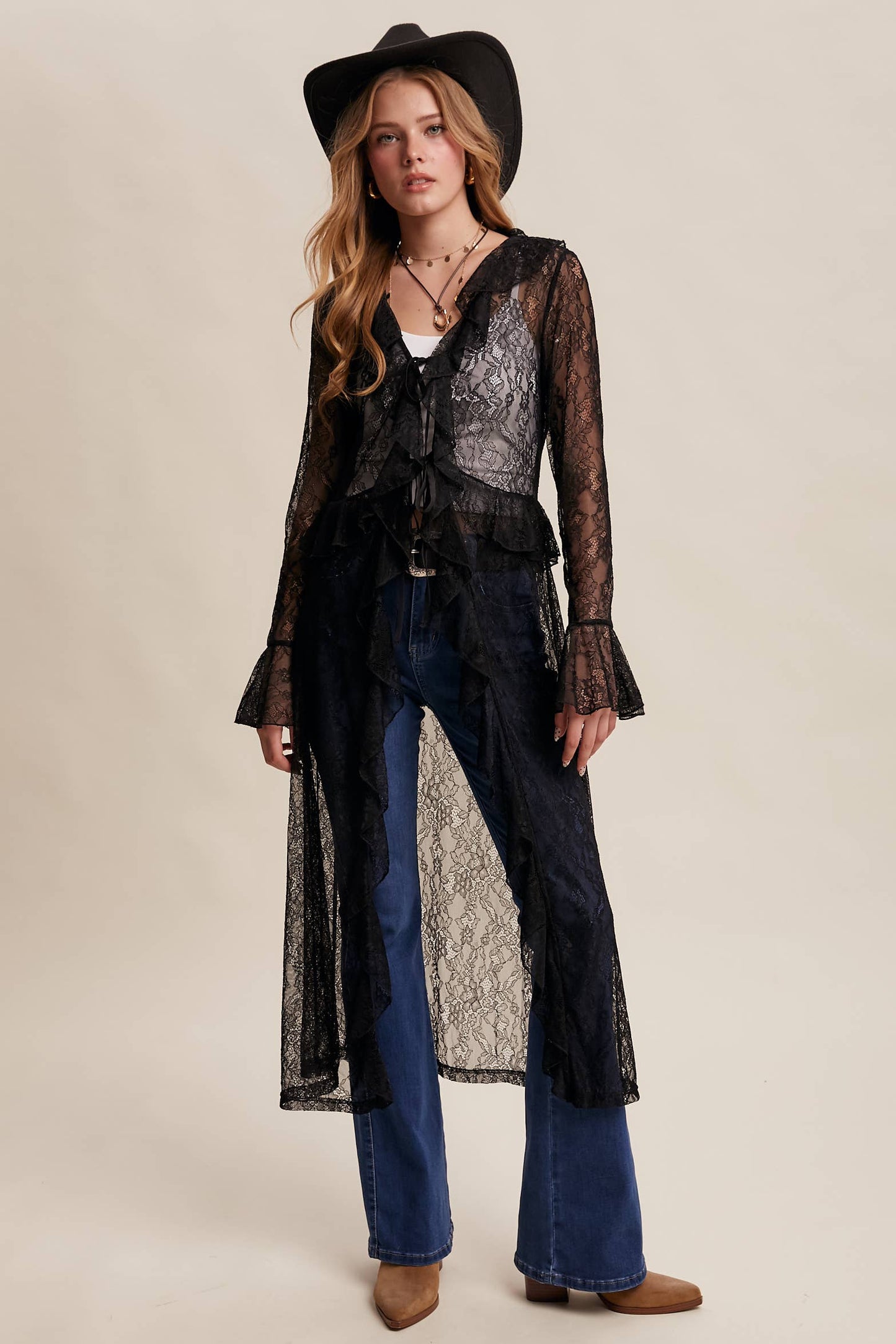 Sheer Lace Ruffle Duster - Black