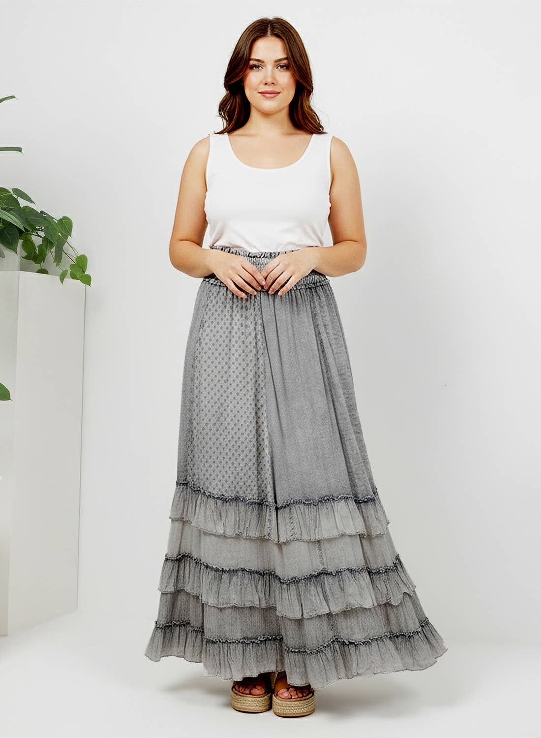 Curve Ruffled Tiered Maxi Skirt - Grey