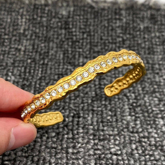 Inlaid CZ 18K Gold Plated Stainless Steel Irregular Cuff-FGS