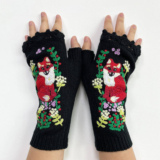 Fox Embroidered Gloves - Black