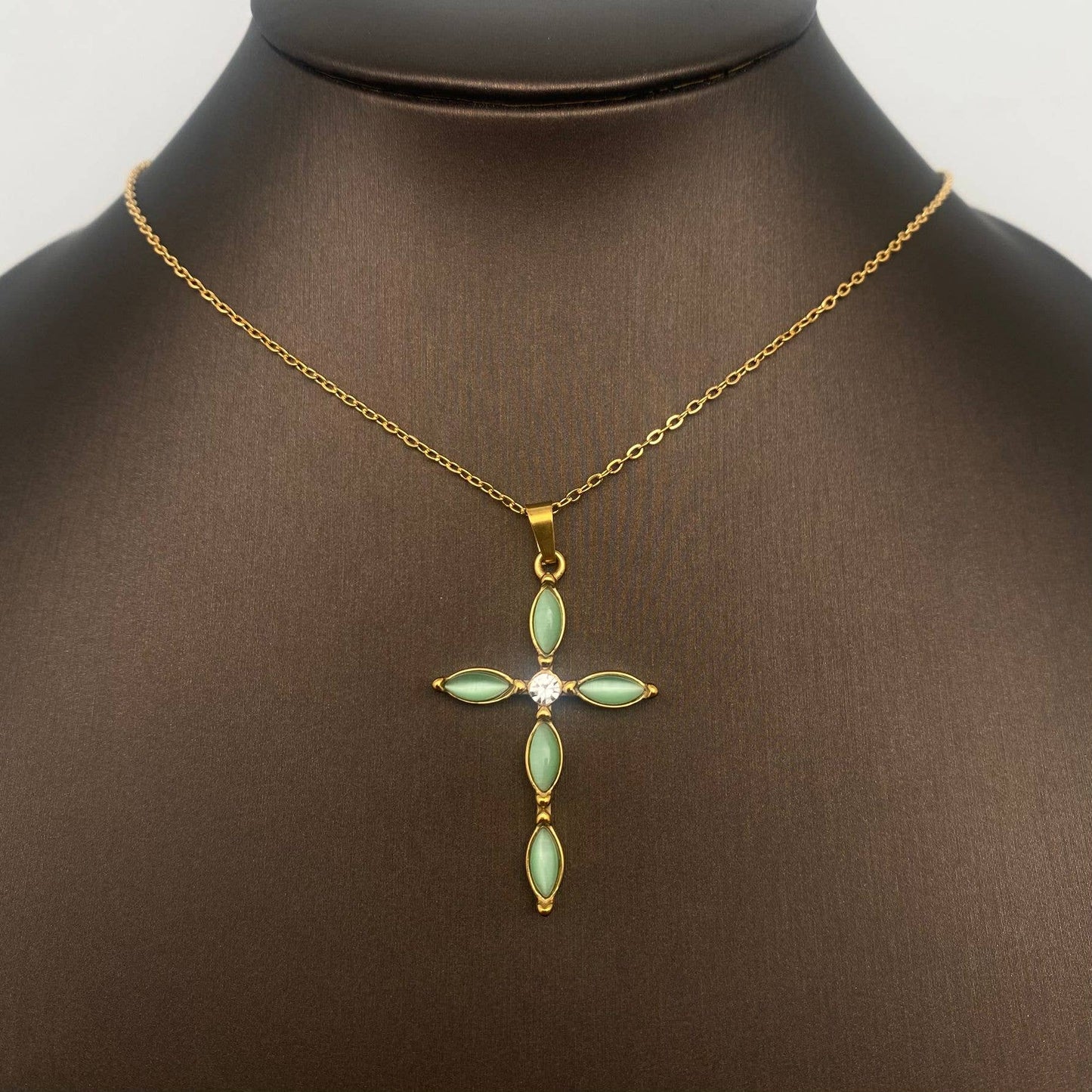 Cat's Eye stone Inlaid Cross 18K Golden SS Necklace - FGS