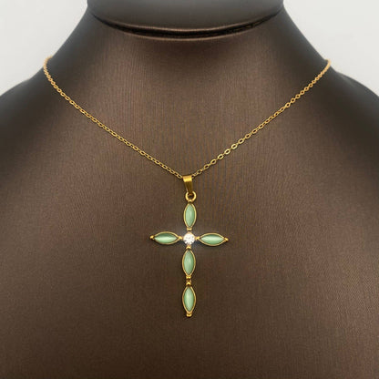 Cat's Eye stone Inlaid Cross 18K Golden SS Necklace - FGS