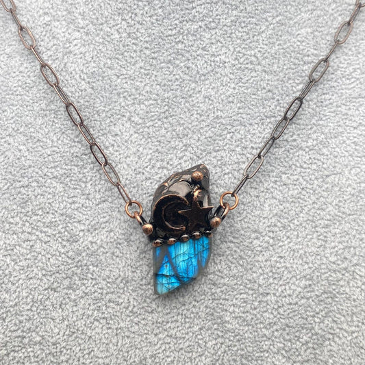 Vintage Natural Stone Labradorite Inlaid Star Moon Pendant - CS/MS