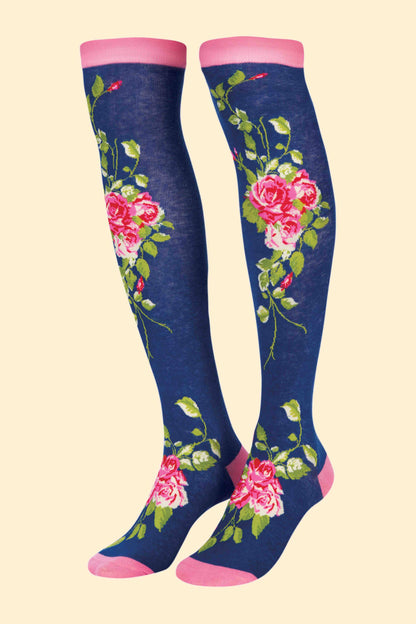 Floral Vines Long Socks - Navy