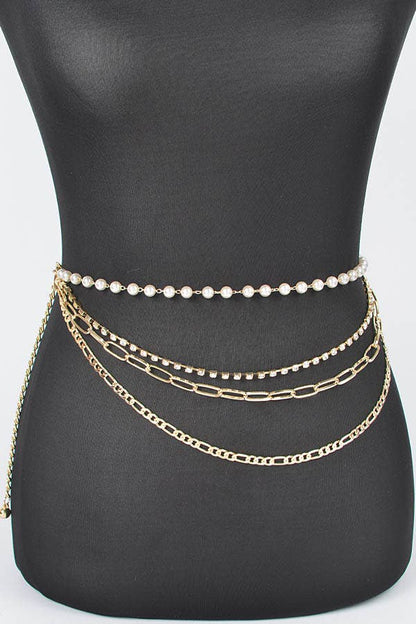 Multi Layered Chain Belt with Pearl Waist - Gold
