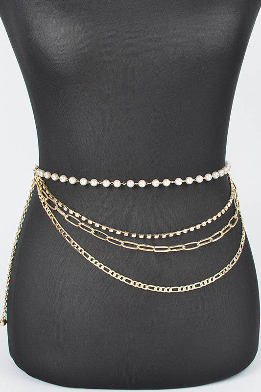 Multi Layered Chain Belt with Pearl Waist - Gold