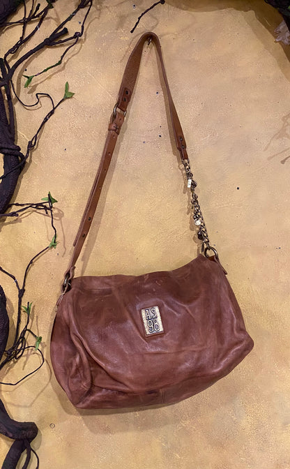 Folded Top Leather Crossbody Bag - Camel