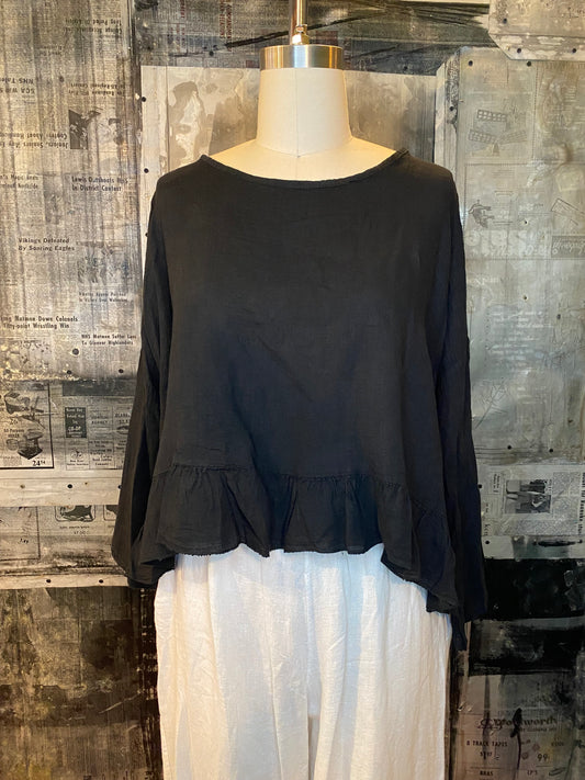 Linen, Ruffle Hem Crop Top - Black