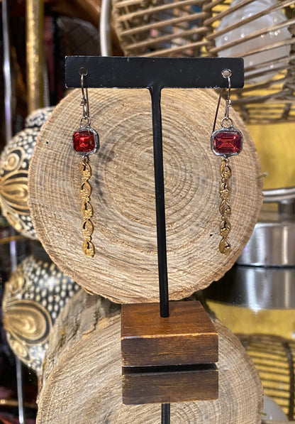 Fuschia Rhinestone & Brass Floral Earrings