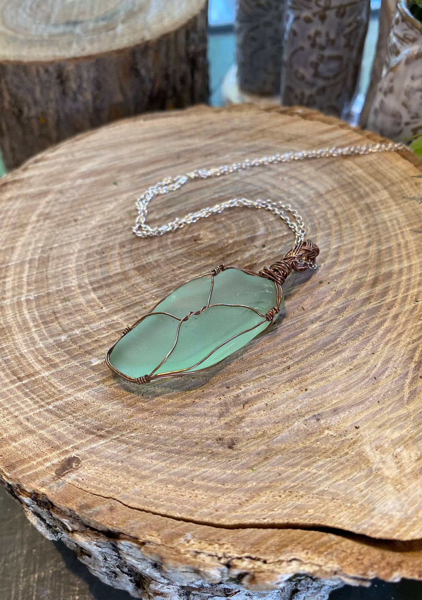 Bronze/Copper Wrapped Uranium Glass Necklace #IV115
