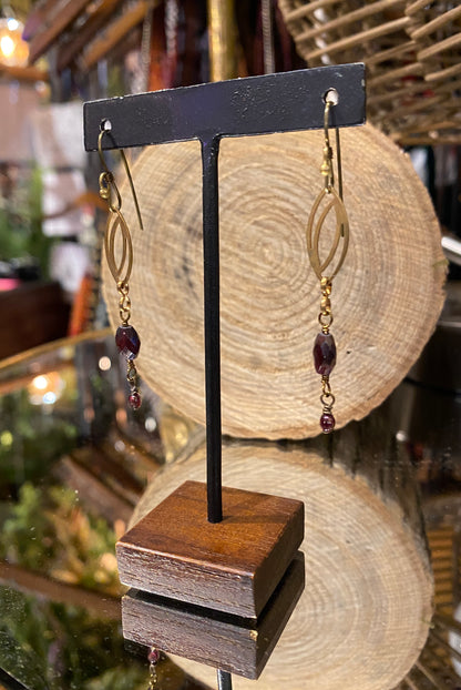 Vintage Brass Chain Earrings - Garnet