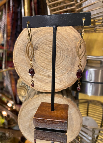 Vintage Brass Chain Earrings - Garnet