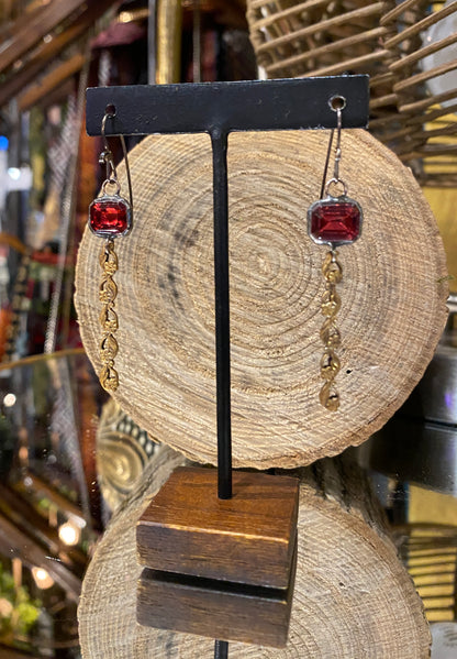 Fuschia Rhinestone & Brass Floral Earrings