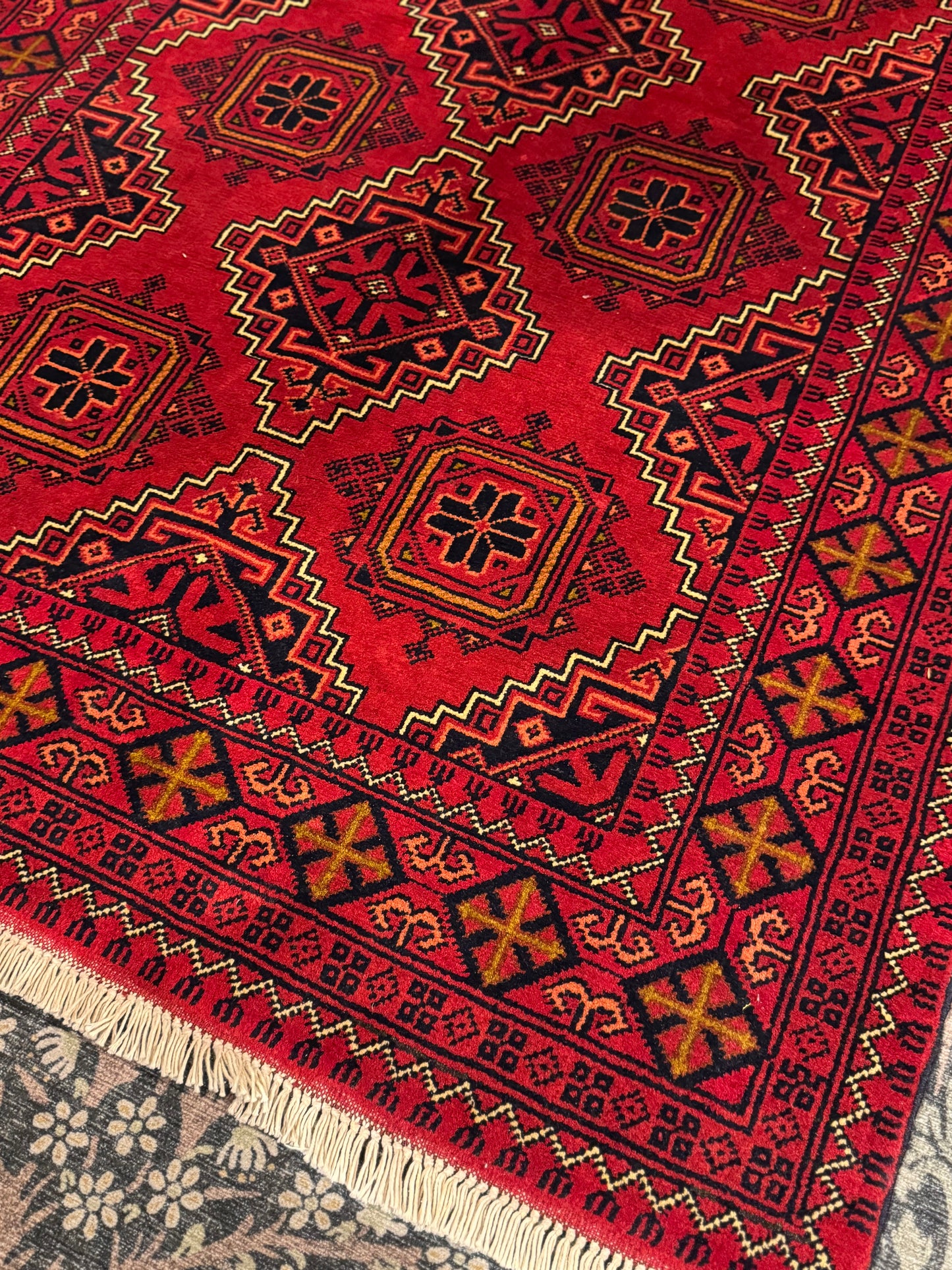 Handmade Wool Area Rug - Red Geometric Print