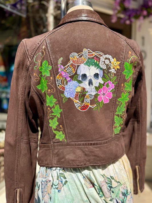 Painted Floral Skull & Snake Brown M. Leather Fringe Jacket - Hannah King*