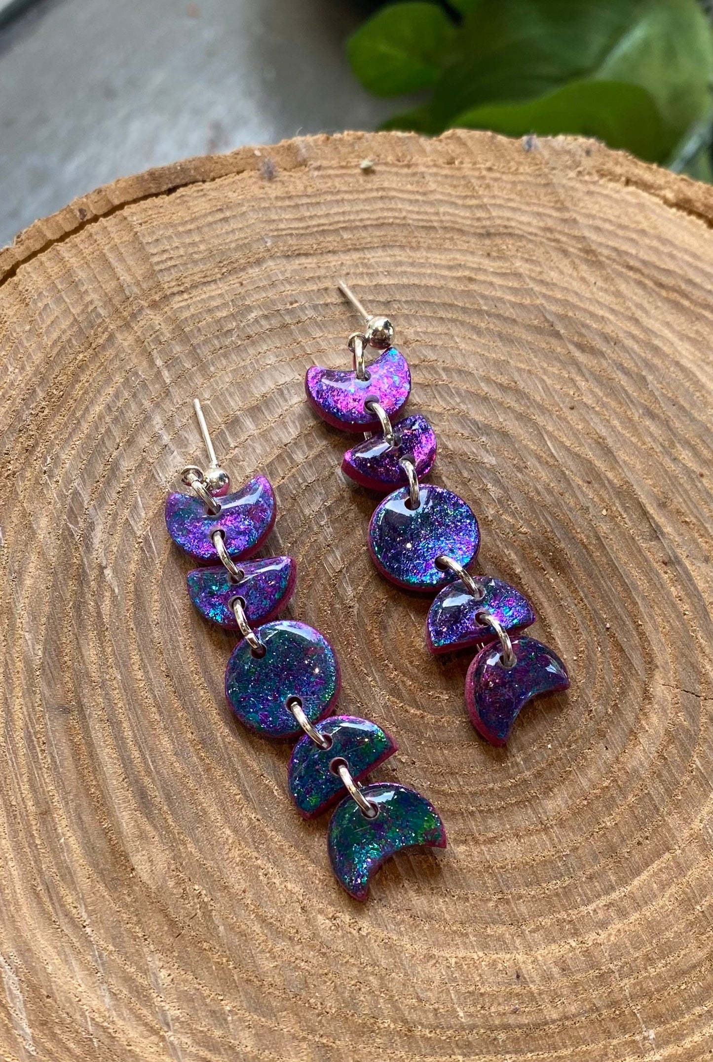 Small Moon Phase Dangles - Pink Iridescent Flake *E14