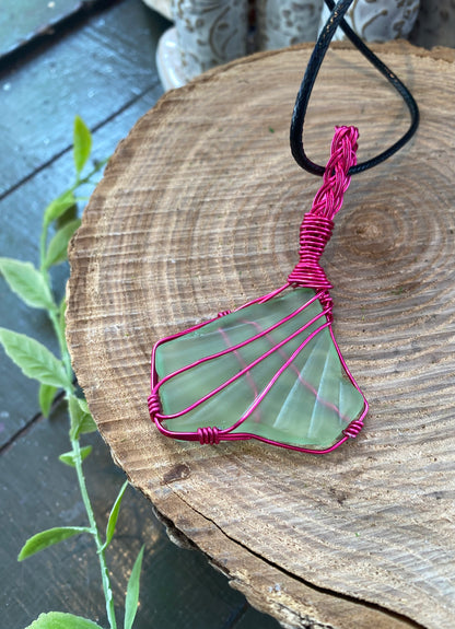Hot Pink Wire Wrapped Uranium Glass Necklace #IV107