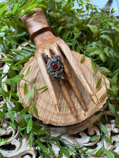 Peacock & Cherub Ruby / Emerald Ring