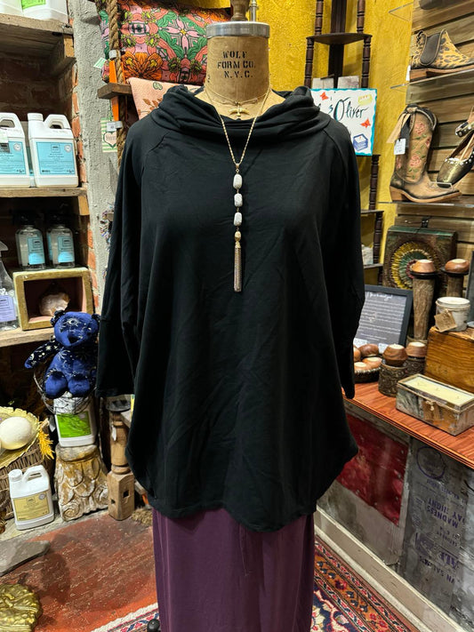 Cowl Neck Oversized Tunic Top- Black