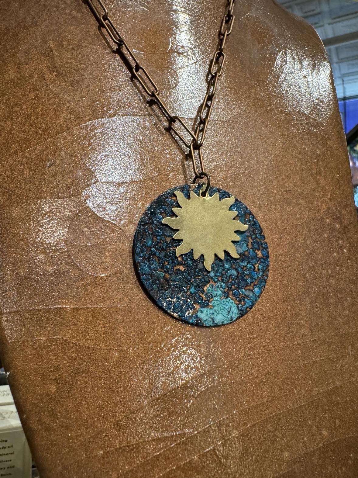 Copper Patina Circle w/ Gold Sun Necklace *HH28