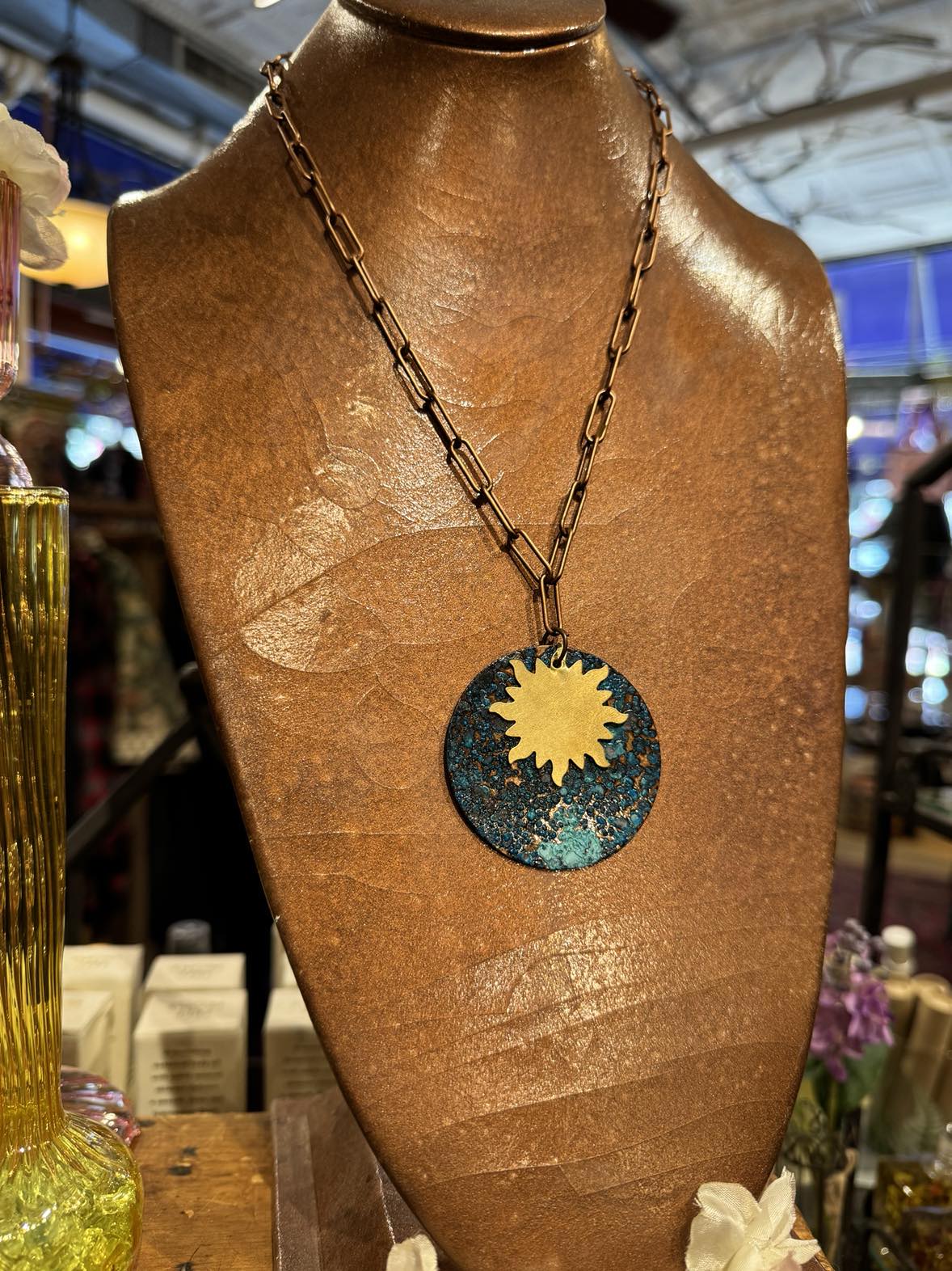 Copper Patina Circle w/ Gold Sun Necklace *HH28