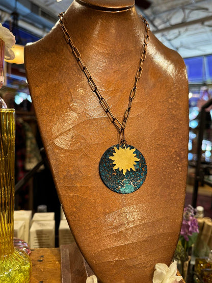 Copper Patina Circle w/ Gold Sun Necklace *HH28