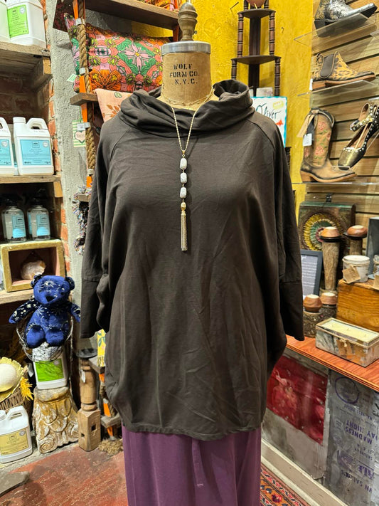 Cowl Neck Oversized Tunic Top- Brown