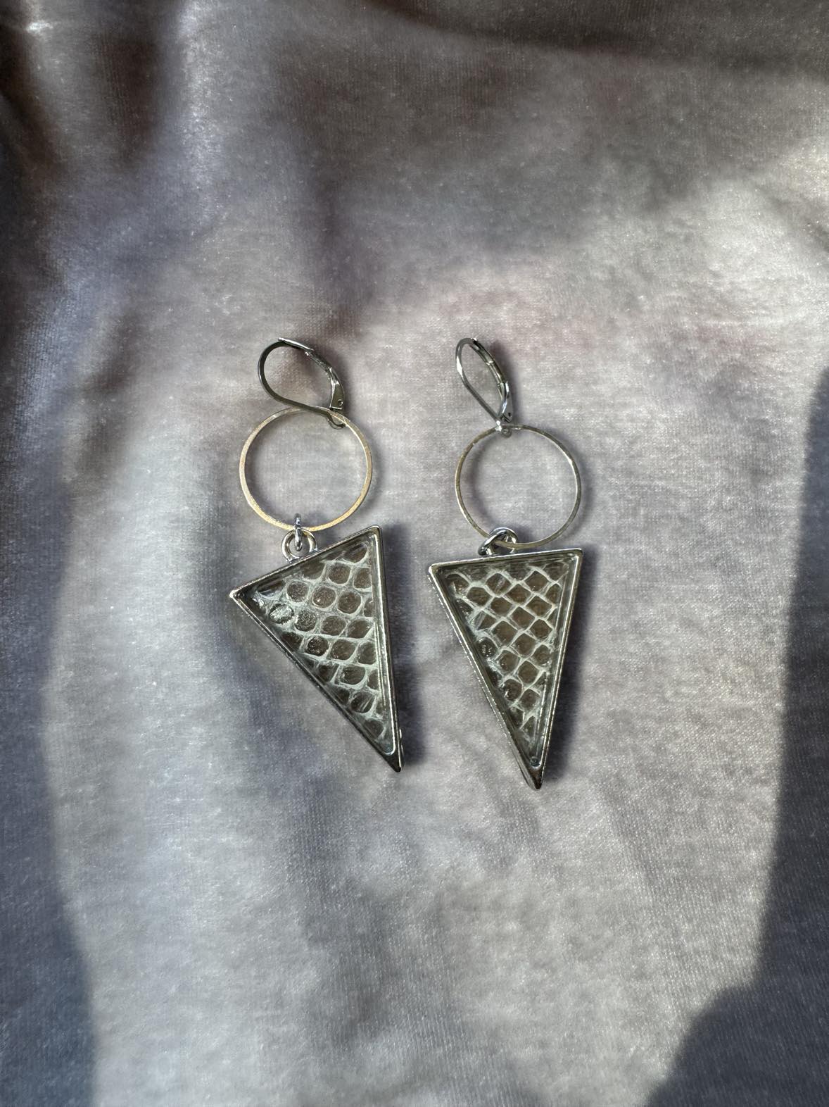 Snakeskin Shed Silver Tone Triangle Earrings