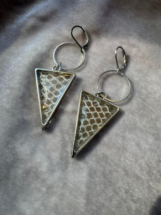 Snakeskin Shed Silver Tone Triangle Earrings