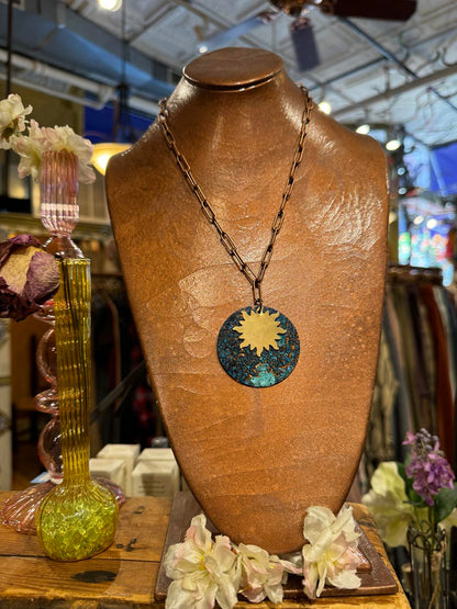 Copper Patina Circle w/ Gold Sun Necklace *HH28