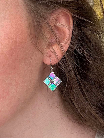 Four Square Green/Purple Van Gogh Glass Earrings* E227