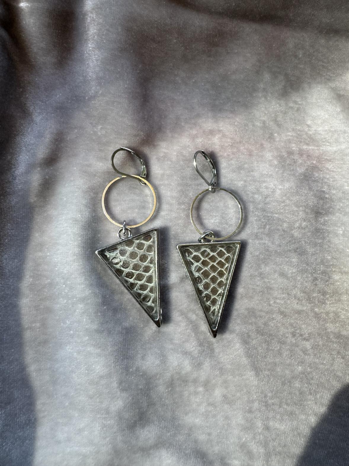 Snakeskin Shed Silver Tone Triangle Earrings