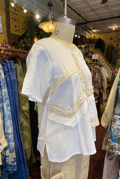 Top With Shiffle & Lace Over-Lapping Patches - White