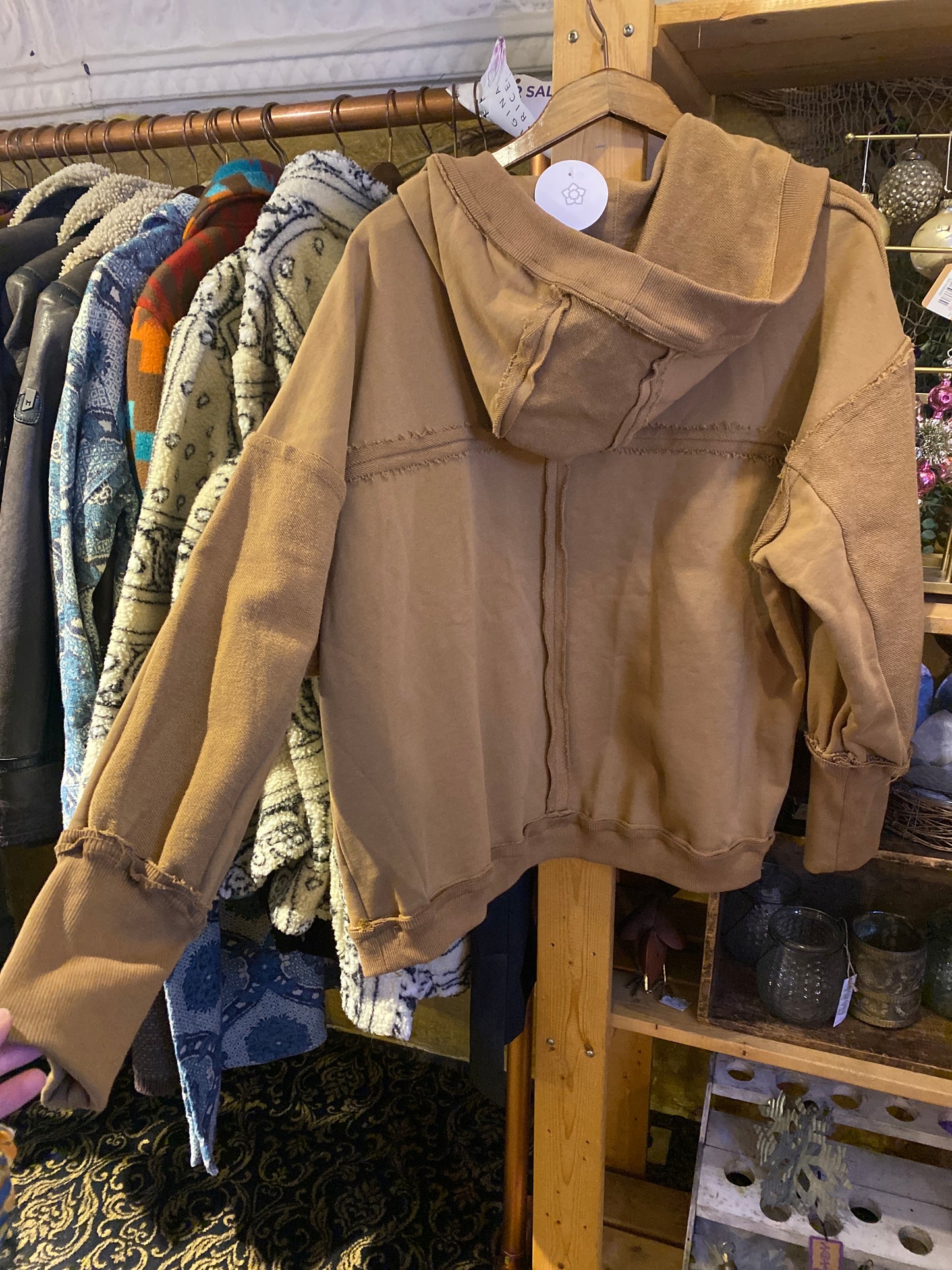 Ladies Solid Color Hood Slouchy Jacket - Khaki