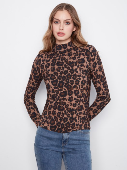 Printed Long Sleeve Mock Neck Top