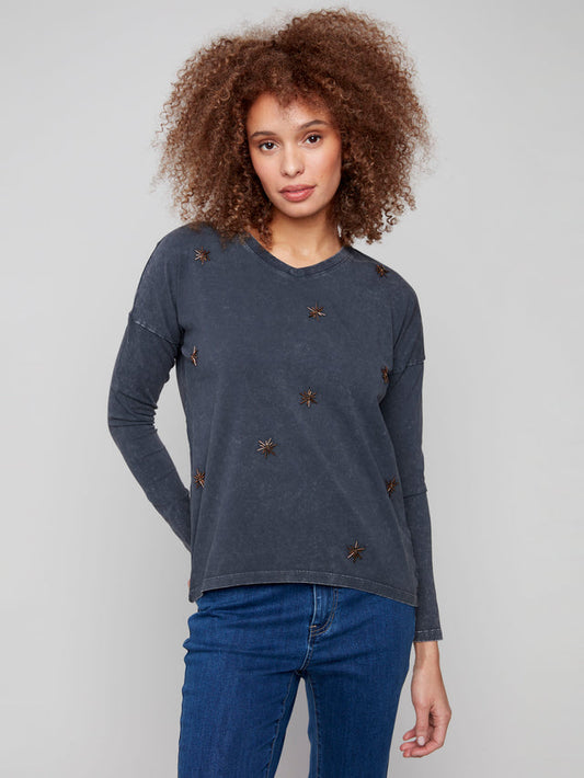 Beaded Vintage V-Neck Knit Top - Charcoal