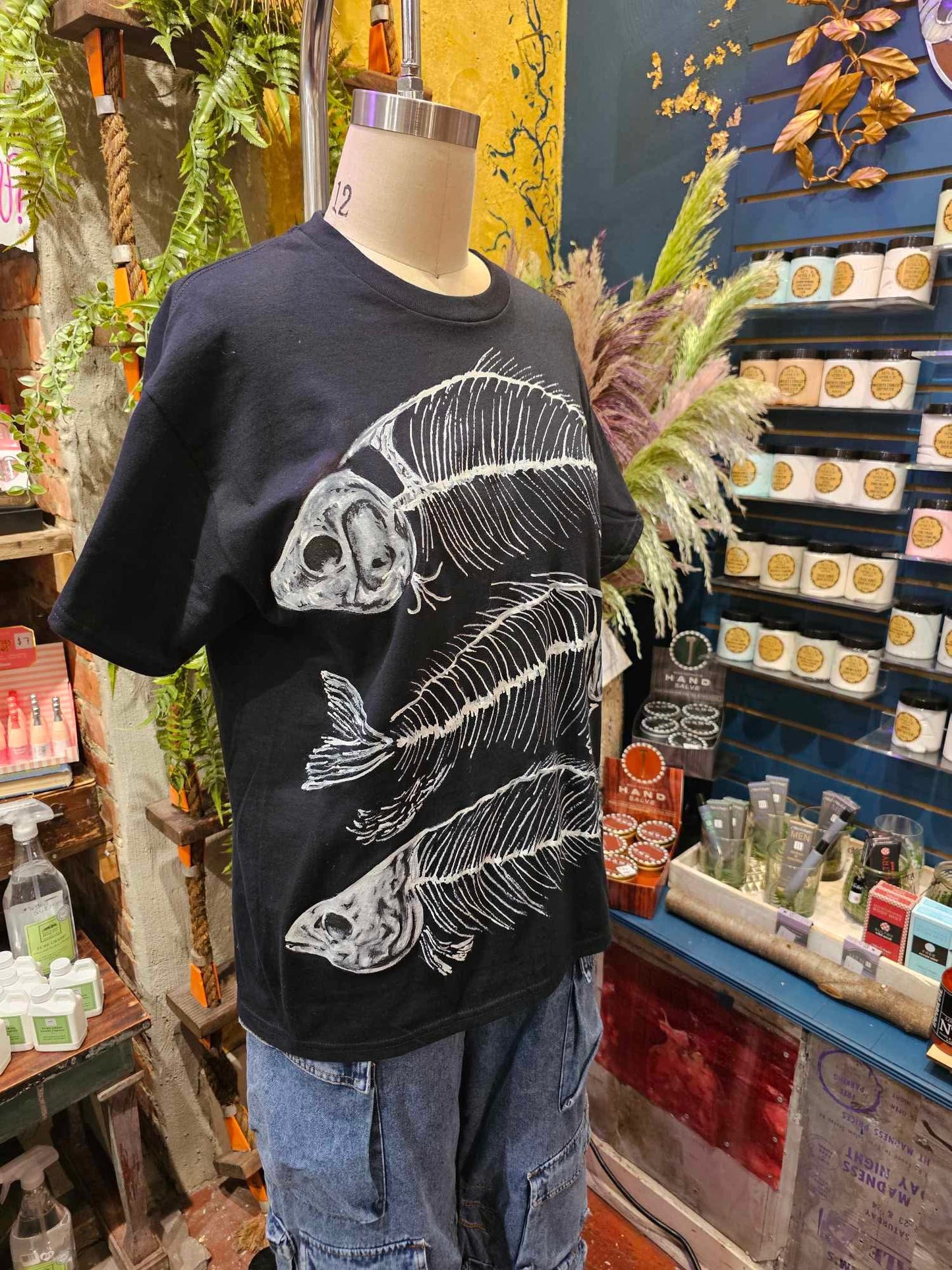Black Fishbones Tee - Handpainted & Upcycled - IH7*