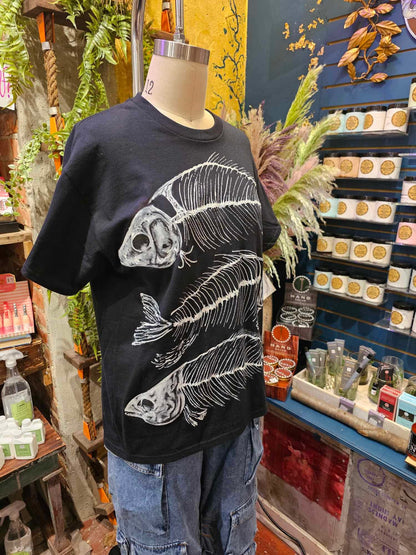 Black Fishbones Tee - Handpainted & Upcycled - IH7*