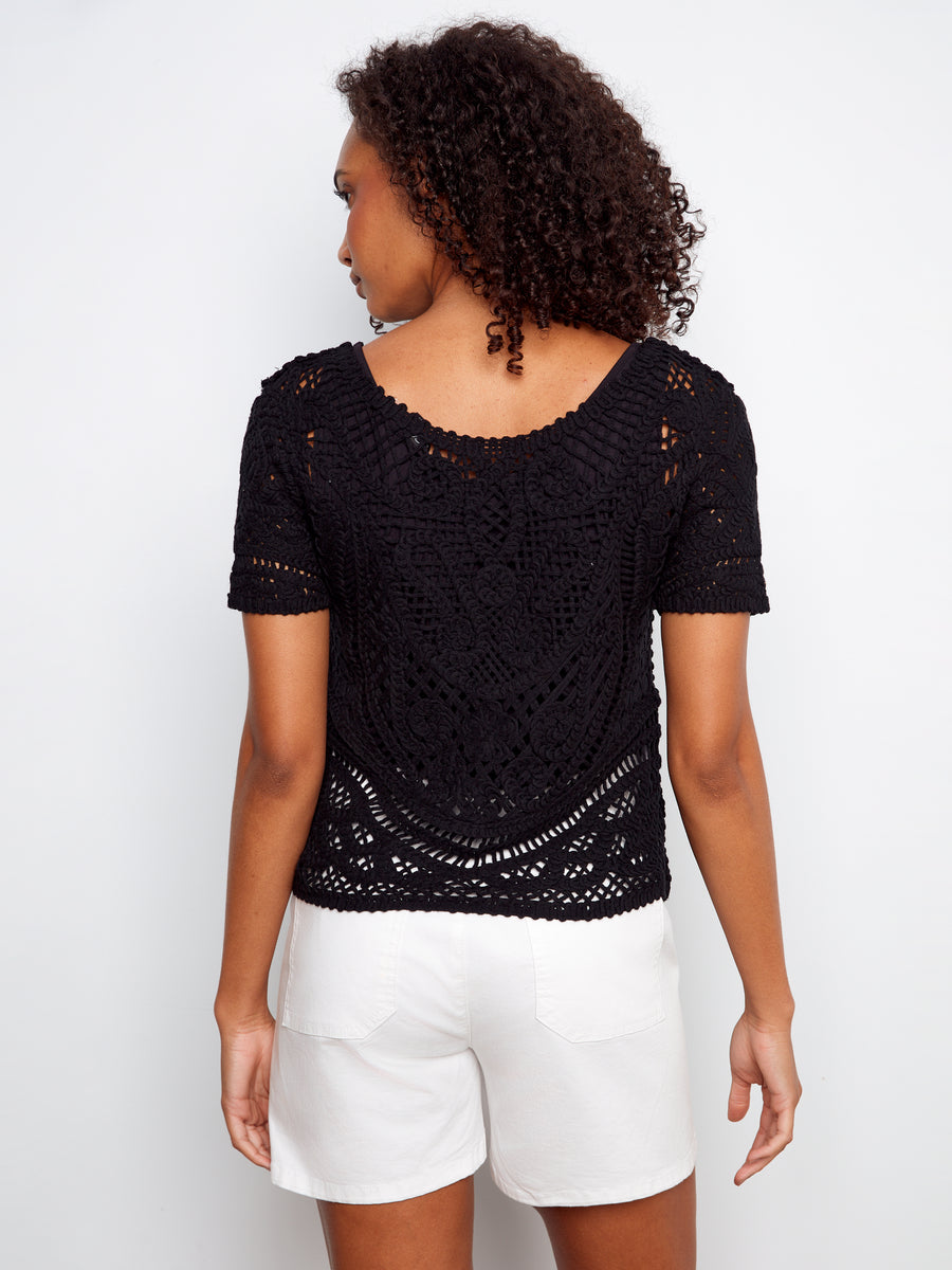Short Sleeve Crochet Sweater With Placket & Buttons At Black