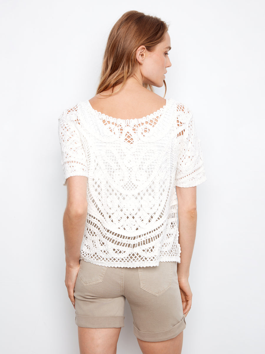 Short Sleeve Crochet Sweater With Placket & Buttons At Black