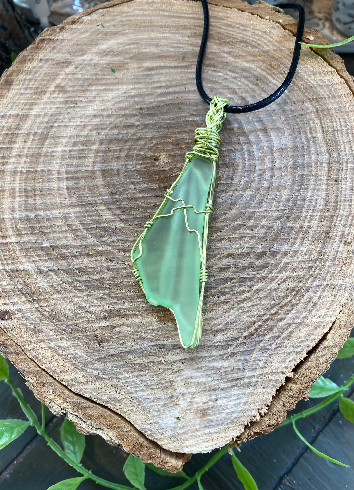 Green Wire Wrapped Uranium Glass Necklace #IV109