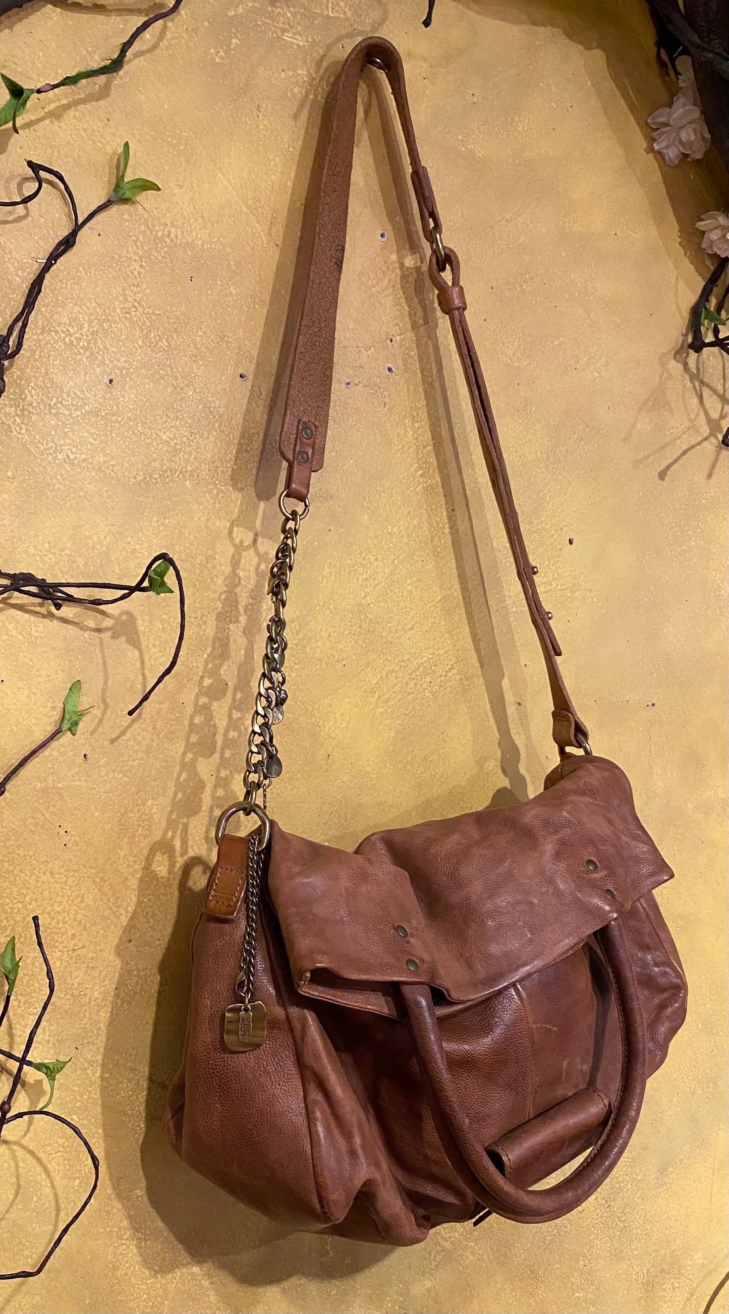 Folded Top Leather Crossbody Bag - Camel