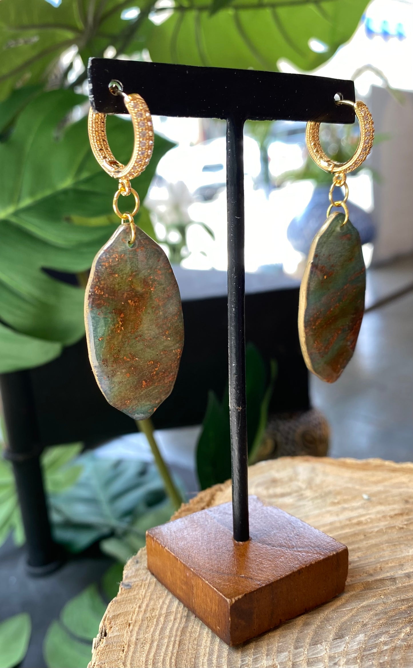 Green/Gold Shields with Crystal Hoops *E29