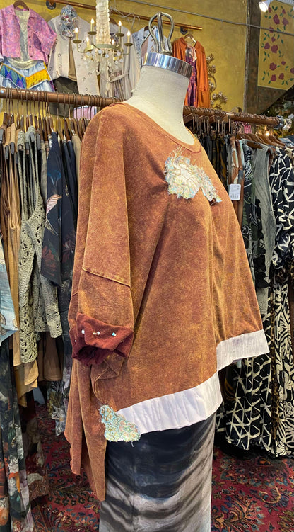 Floral Appliques Orange Mineral Wash Zenana Tunic - Alicia Hollingsworth*